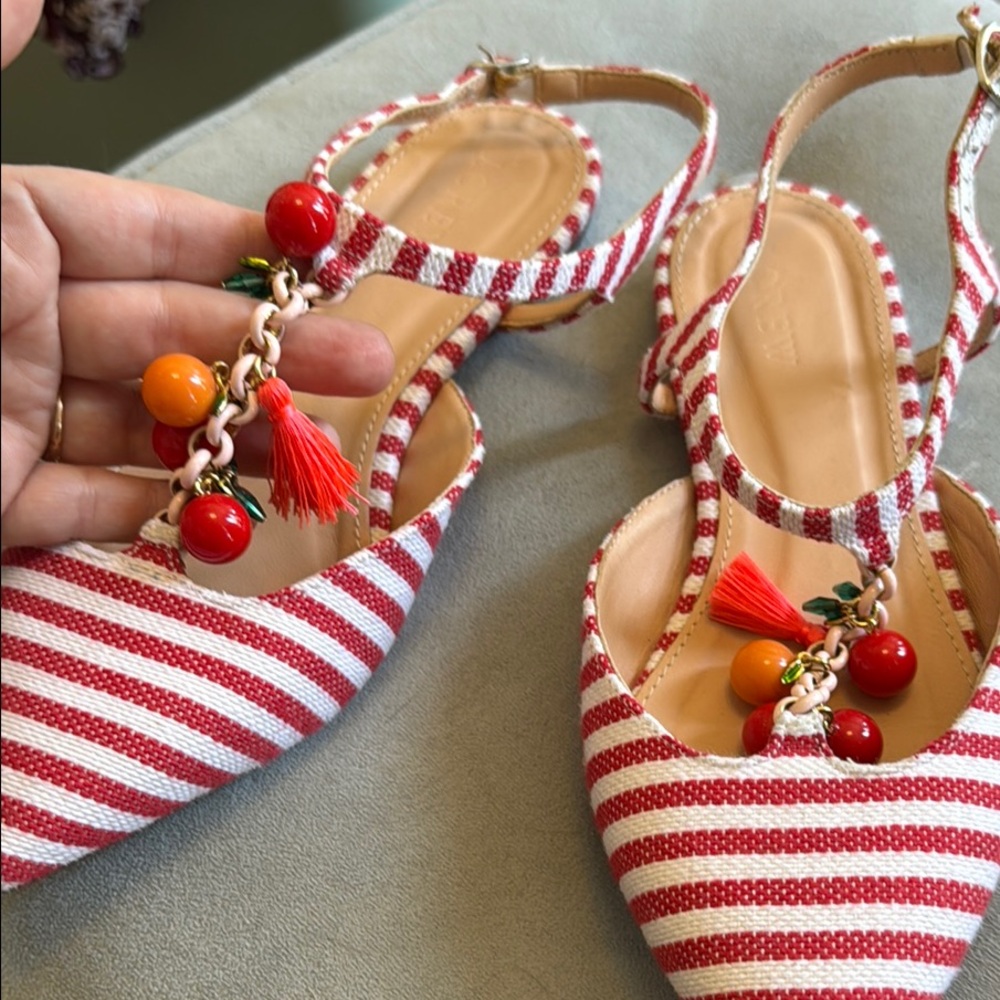 J. Crew Striped Red and White Sandals with Cherry Charm size 6